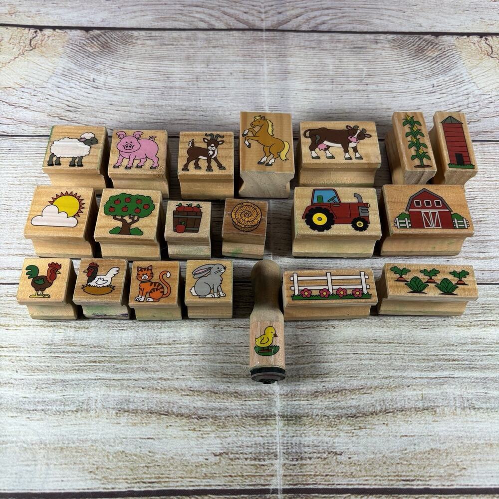 Farmhouse Wooden Rubber Stamp Lot of 17 Barnyard Animals Tractor Scrapbook